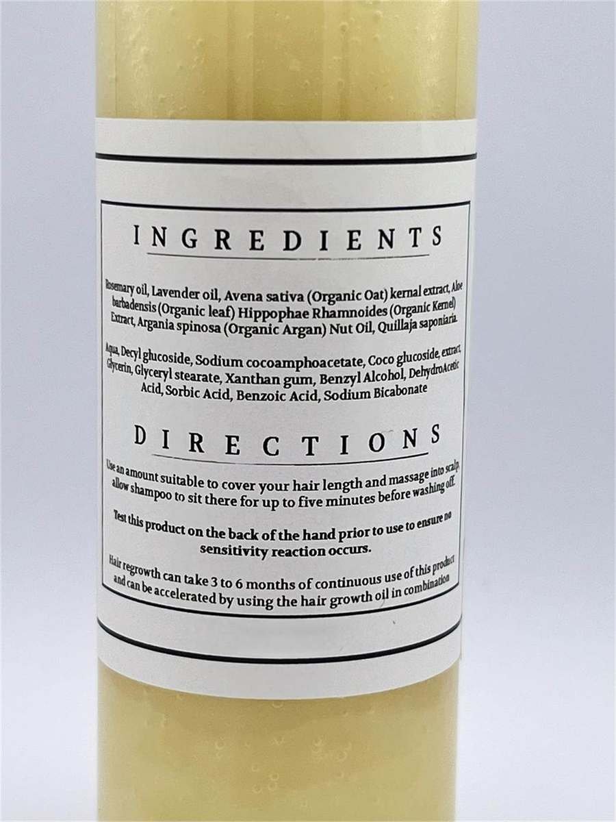 Back label of House of Herbs Hair Growth Shampoo showing directions and ingredients.